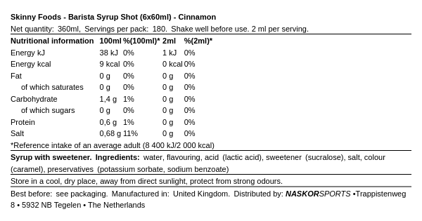 Skinny Foods Barista Syrup Shot 6x60ml
