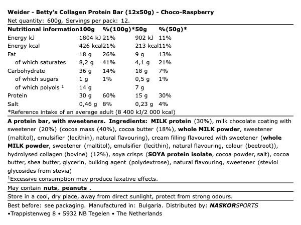 Weider Betty's Collagen Protein Bar Choco-Raspberry 12x50g