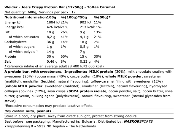 Weider Joe's Crispy Protein Bar Toffee Caramel 12x50g