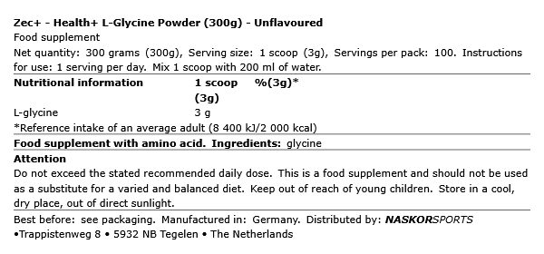 Zec+ Health+ L-Glycine Powder 300g