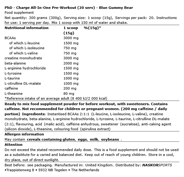 PhD Charge All-In-One Pre-Workout 300g