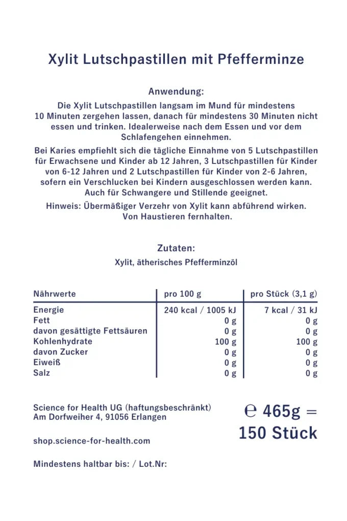 Science for Health Xylit Lutschpastillen – Pfefferminze 465g – 150 Stück