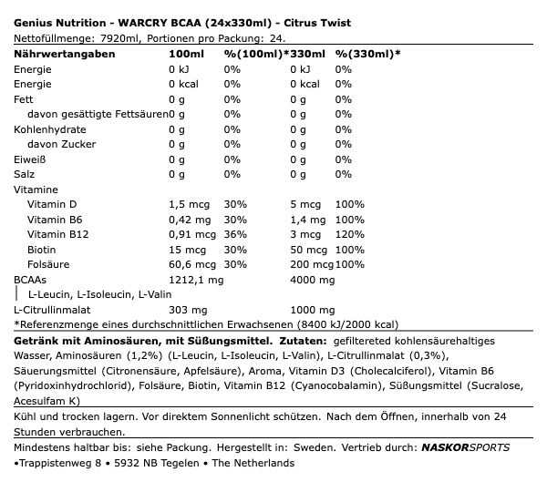 Genius Nutrition WARCRY BCAA (24x330ml)