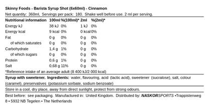 Skinny Foods Barista Syrup Shot 6x60ml