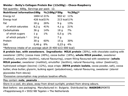 Weider Betty's Collagen Protein Bar Choco-Raspberry 12x50g