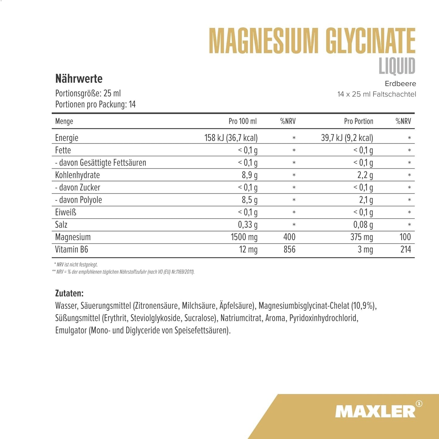 Maxler Magnesium Glycinate Liquid Ampullen 14x25ml