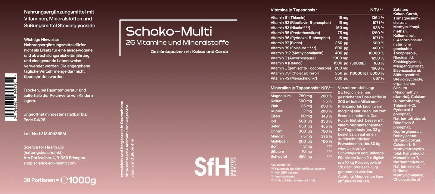 Science for Health Schoko Multi 1000g Pulver