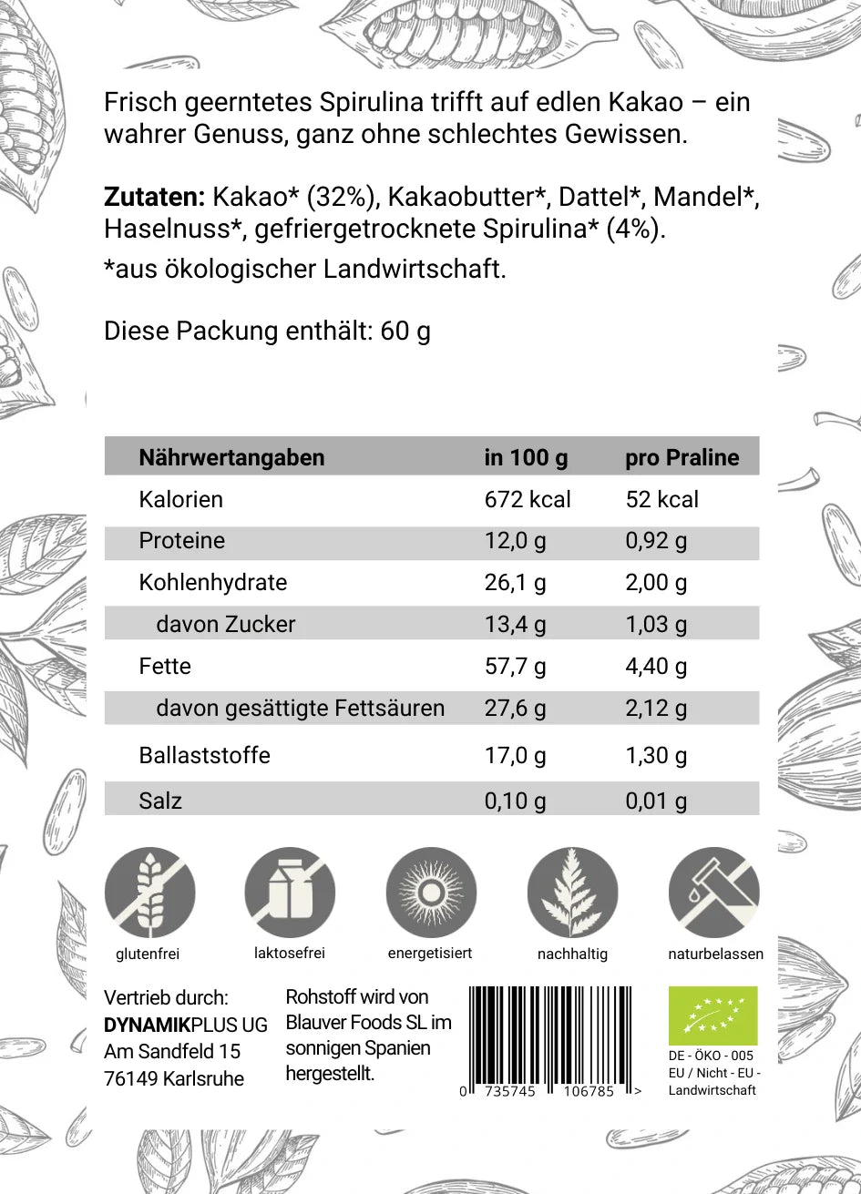 Dynamik Plus  Bio Schoko Spirulina Pralinen 8 stk.