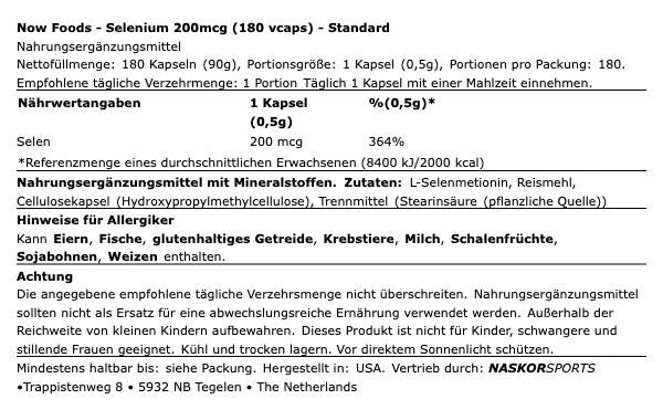 NOW Foods Selen (Selenium) 200mcg 90/180 Kapseln