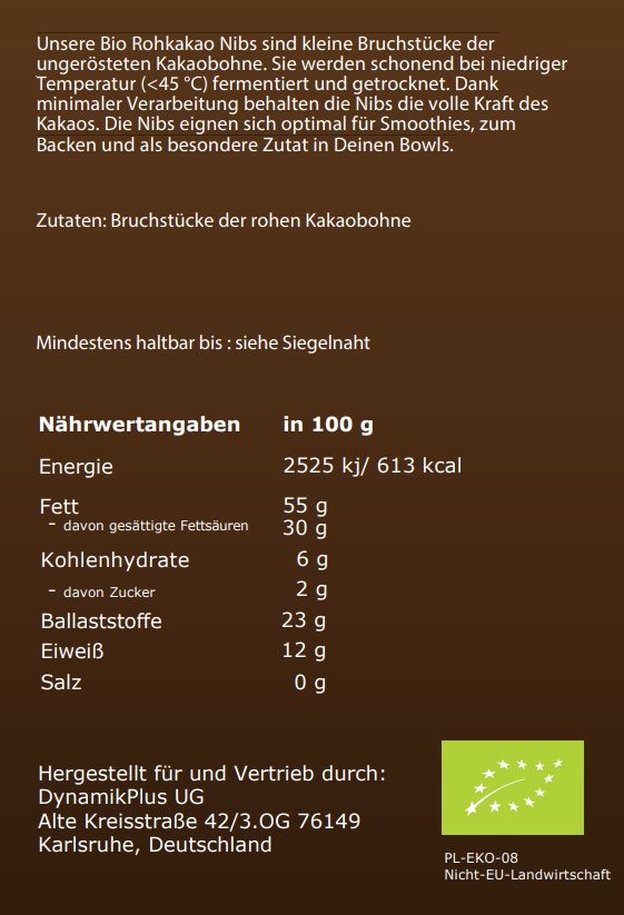 Dynamik Plus Bio Roh Kakao Nibs 250g Beutel